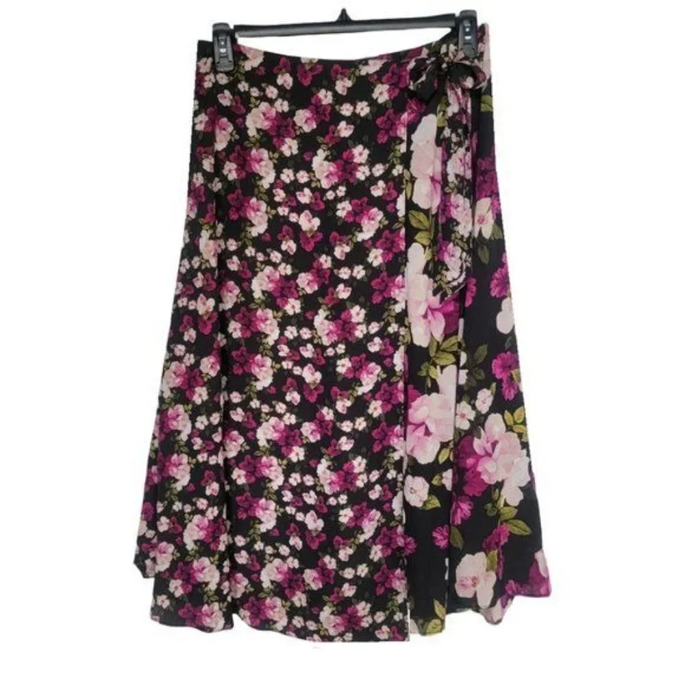 ✨Size 10 Women's Midi Skirt Calvin Klein Faux Wrap Floral Black Pink A-Line New✨ - Picture 2 of 8